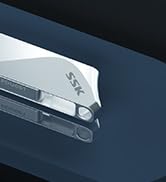 Close-up of a utility knife blade. Silver metal blade partially extended from a white handle against a dark blue background.