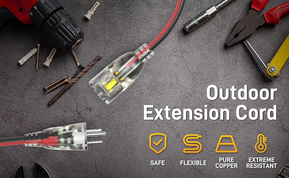 Outdoor Extension Cord SAFE FLEXIBLE PURE COPPER EXTREME RESISTANT