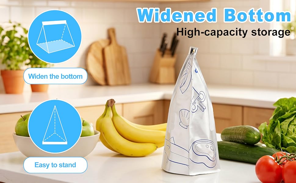 standable freezer bags with widened bottom, high-capacity food storage