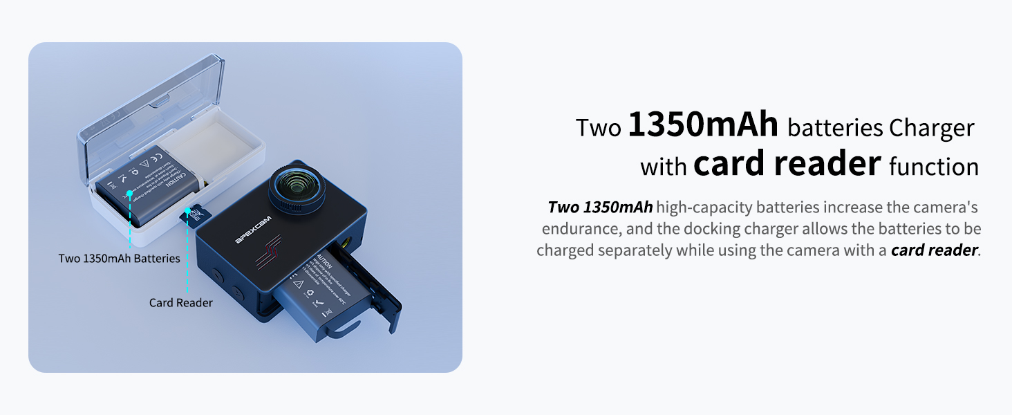1350mAh battery charger with card reader function. Two charging slots and USB port visible on white device.