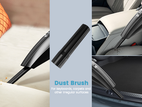 Dust brush for cleaning keyboards and irregular surfaces. Three panels show the brush in use on a keyboard, the brush itself, and cleaning a car interior.