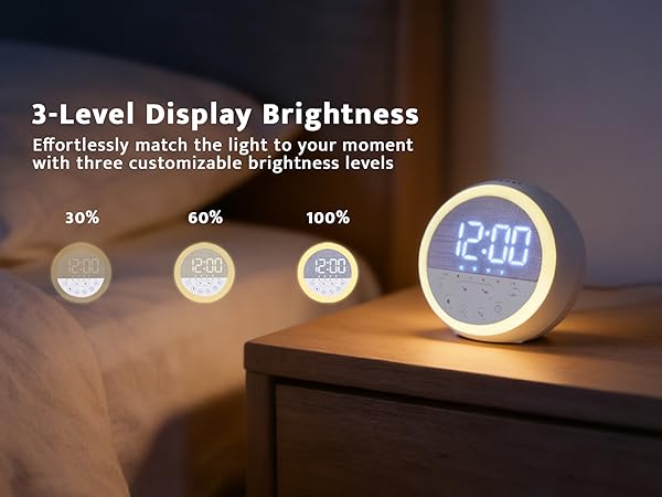 Text reads '3-Level Display Brightness'. Demonstration of light settings at 30%, 60%, and 100% brightness levels showing digital clock display.