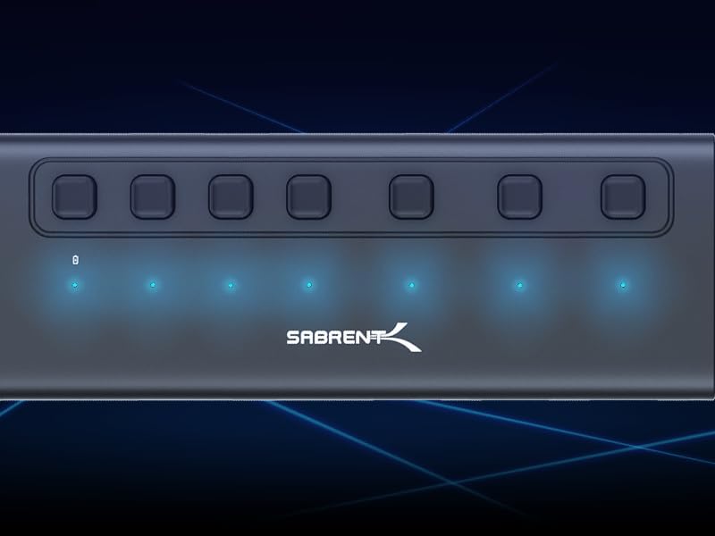 Sabrent hub showing all switches lit with cables plugged in.