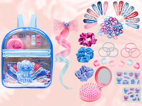Artistic illustration set in pink and blue showing various beauty or cosmetic elements including makeup brushes, containers, and decorative floral patterns in a watercolor style.