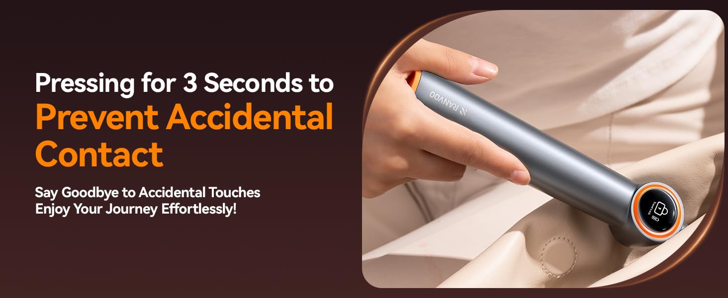 Text reads 'Pressing for 3 Seconds to' 'Prevent Accidental' 'Contact'. Interface demonstration showing button press action sequence.