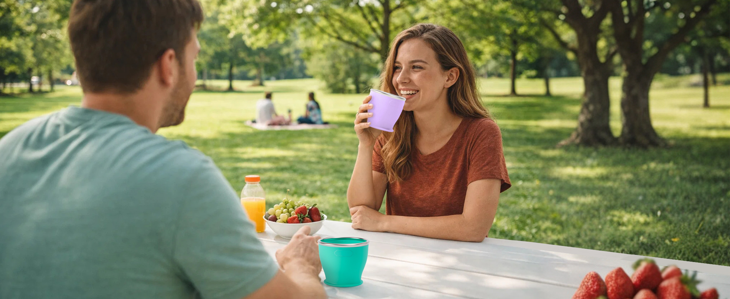 Drink beverages from a camping cup while camping outdoors.