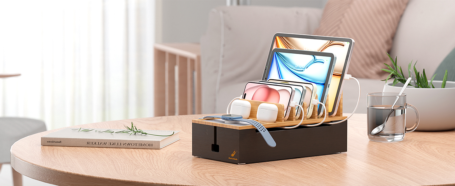 Pezin & Hulin Bamboo Charging Station Organizer for Multiple Devices Desktop Docking Charging Stand