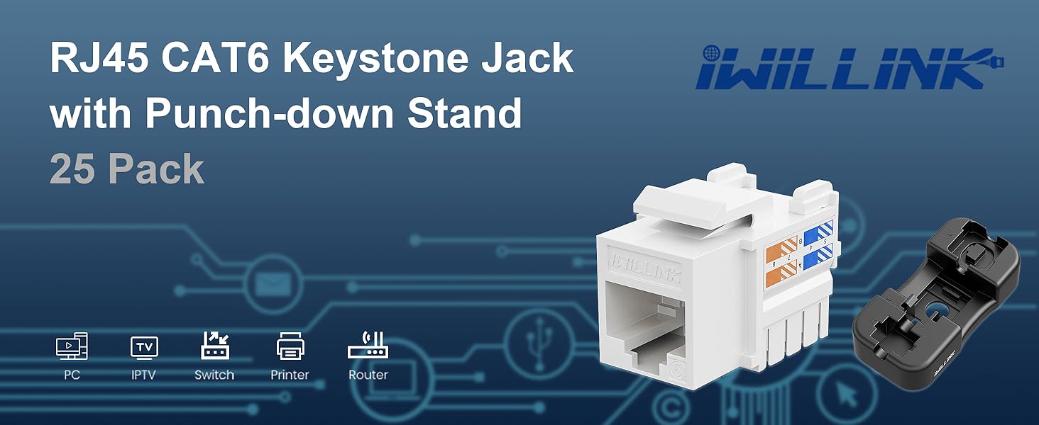 iwillink 25 Pack RJ 45 Cat6 Keystone Jack With Punch-down Stand