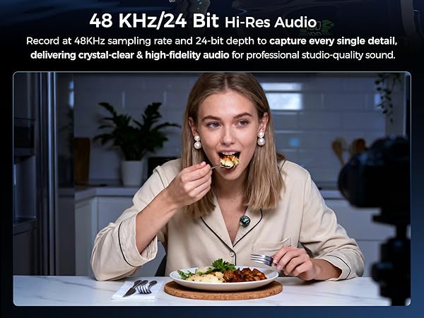 Text reads '48 KHz/24 Bit Hi-Res Audio' and 'Delivering crystal-clear &amp; high-fidelity audio for professional studio-quality sound'. Banner showing dining setup and audio recording equipment.