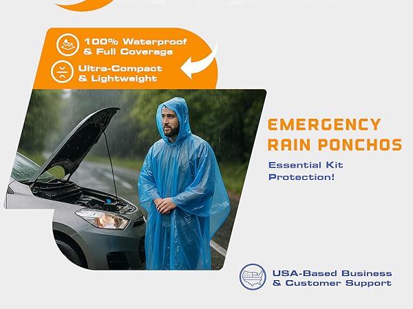 Man in rain poncho beside a broken-down car