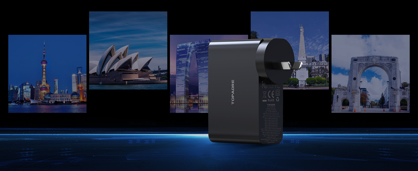 USB C Travel Charger 4-Ports Foldable Travel Adapter Plug Converter with UK/EU/AU Plugs