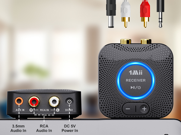 Close-up views of audio device interfaces showing various input/output ports including RCA, Audio In, and power connections with blue LED indicators
