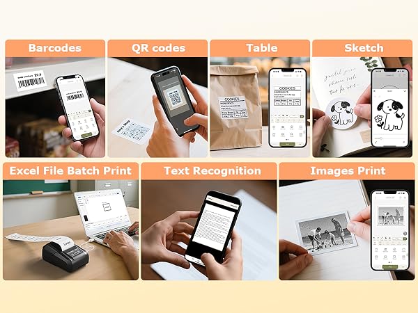 APP supports barcodes, QR codes, table, sketch, Excel batch print, text recognition, image print