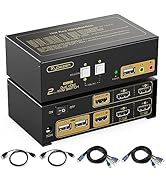 KVM Switch 2 Computers 2 Monitors, 2 Port 4K@30Hz HDMI KVM Switch Share 3 USB Devices, Extended D...