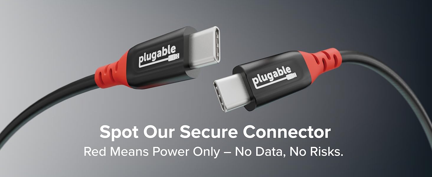 Plugable USBC to USBC cable with black housing and red secure charging-only connectors