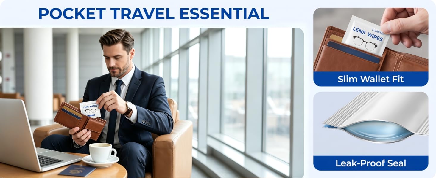 Text reads 'POCKET TRAVEL ESSENTIAL', 'Slim Wallet Fit', 'Leak-Proof Seal'. Man in business suit holding slim wallet at window. Product features highlighted: compact wallet design with waterproof sealing capability for travel.