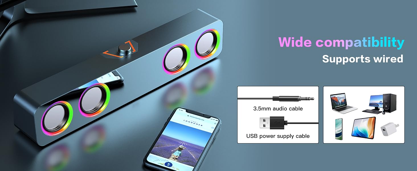 USB-powered with 3.5mm audio input, compatible with computers and laptops