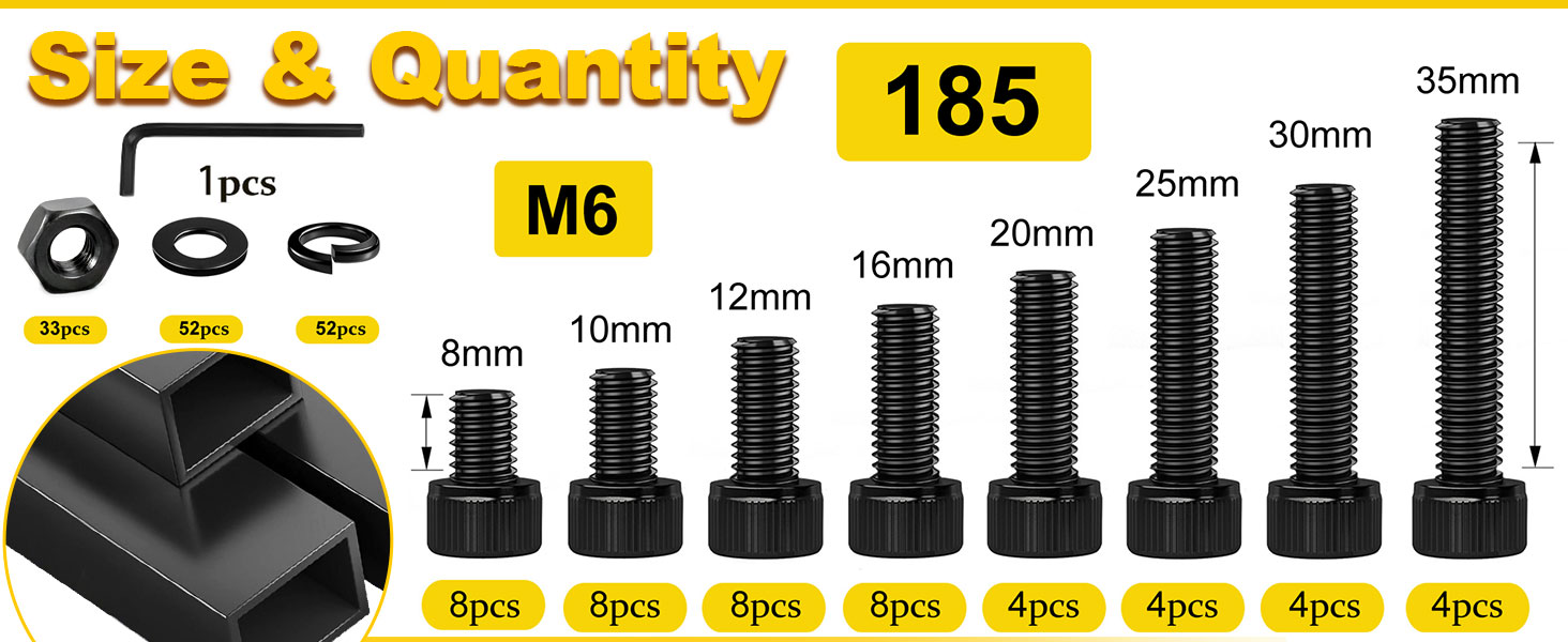 185PCS M6 screws size