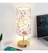 Bedside Touch Lamp, Wood Small Table lamp with 2 USB Charging Ports &amp; Flower Fabric Shade, 3-Way ...