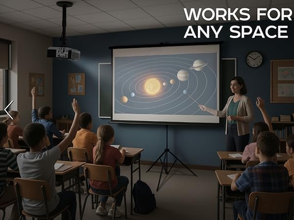 WORKS FOR ANY SPACE; classroom ceiling projector shows solar system
