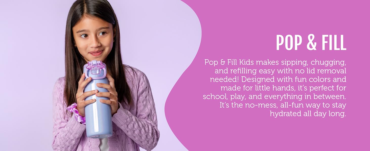 ello pop &amp;amp; fill kids water bottle 18oz stainless steel
