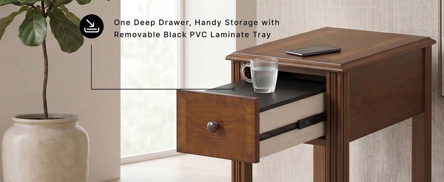 Open storage drawer showing the removable black PVC laminate tray inside the wooden end table