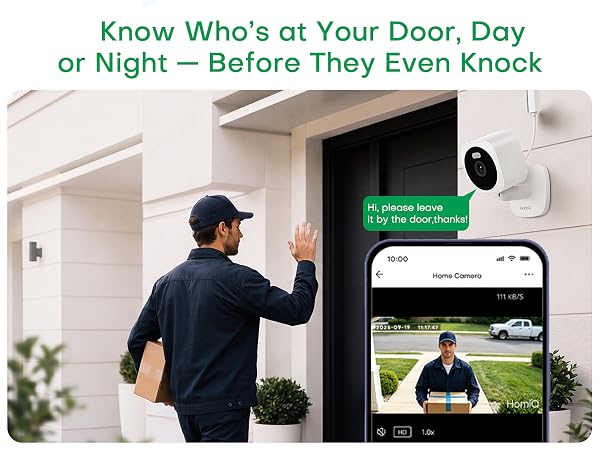Text reads 'Know Who's at Your Door, Day or Night — Before They Even Knock'. Man at doorway with smartphone displaying video doorbell camera feed.