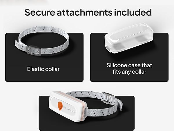 Text reads 'Secure attachments included', 'Elastic collar', 'Silicone case that fits any collar'. Multiple views of an adjustable collar with measurement markings.