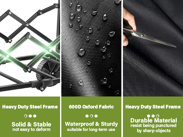 a heavy-duty steel frame and waterproof, puncture-resistant 600D Oxford fabric for durability