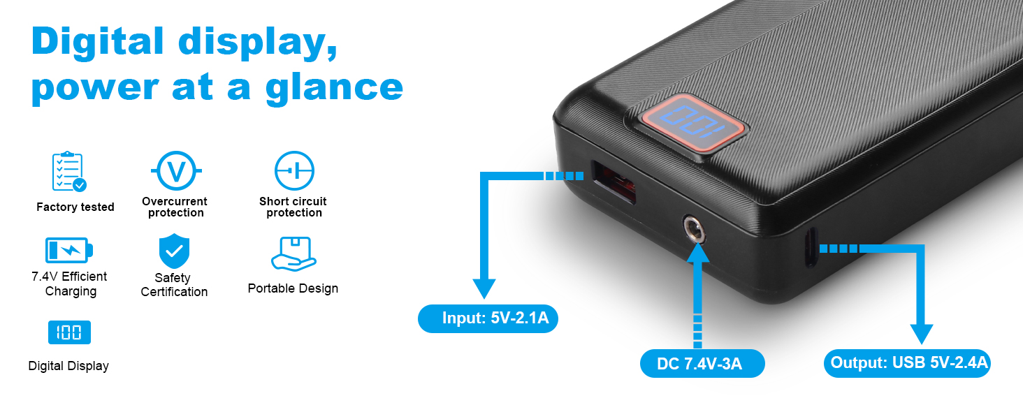 Black electronic device with digital interface showing battery and connection icons. Multiple views showcase ports and charging capabilities.
