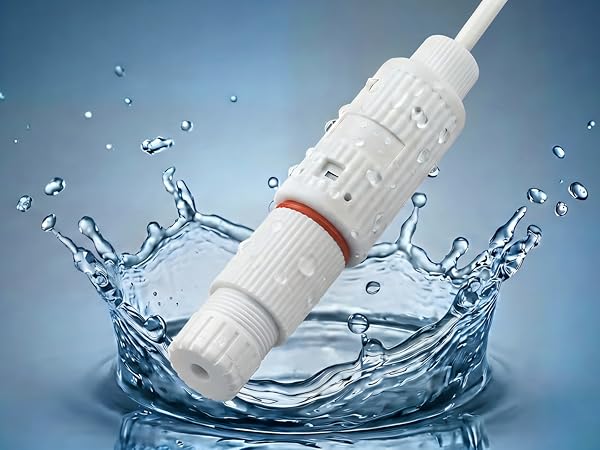 White cylindrical bottle with red band splashing through blue water splash against blue background. Product appears waterproof or water-resistant.