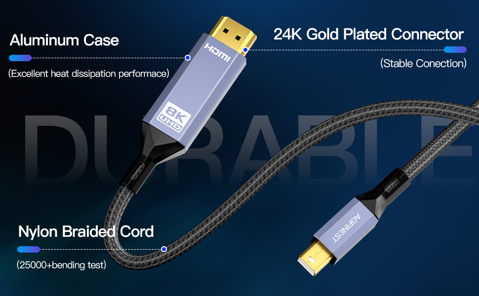 HDMI cable product diagram showing aluminum case, 24K gold plated connector, and nylon braided cord features against dark background.