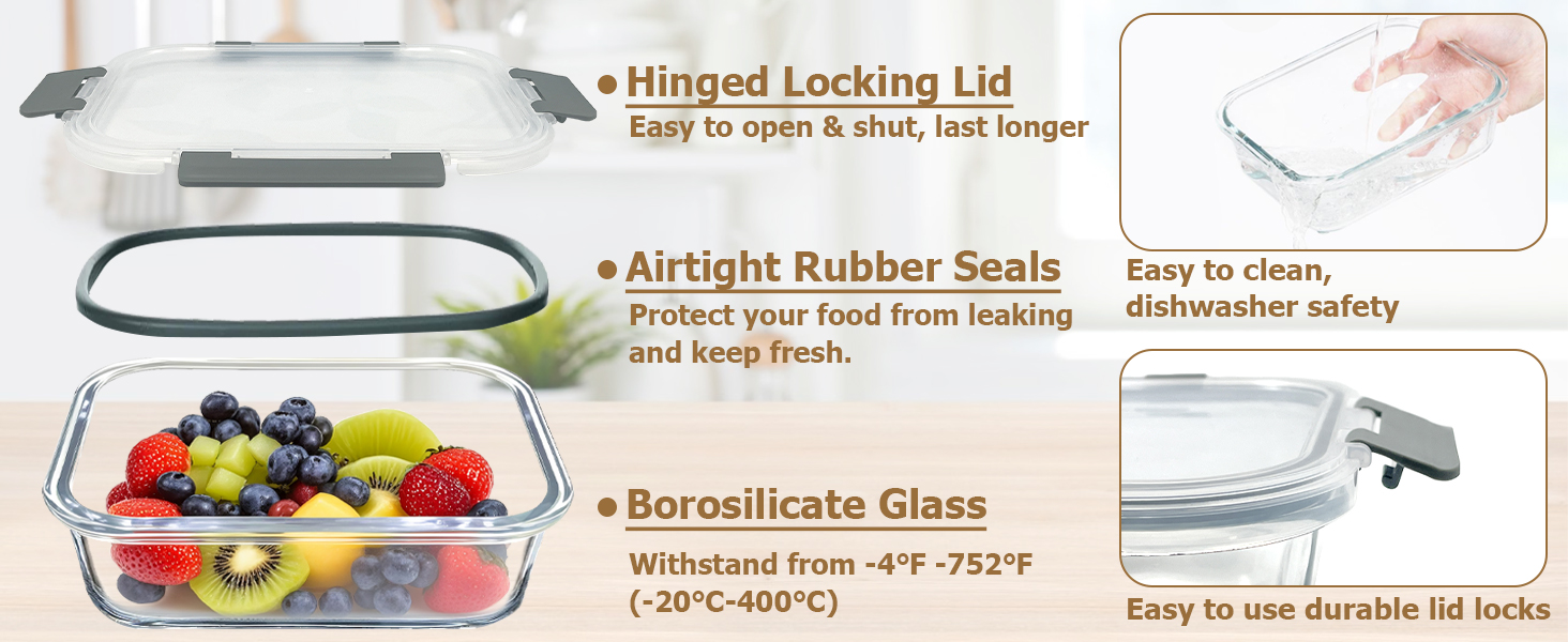 Glass food storage container with lids