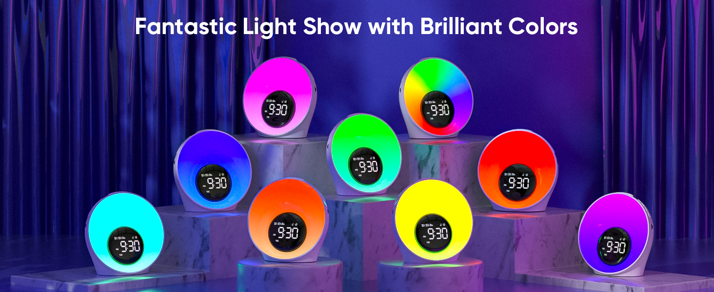 Text reads 'Fantastic Light Show with Brilliant Colors'. Display of colorful illuminated circular lights against dark blue backdrop showing sequence of rainbow colors.