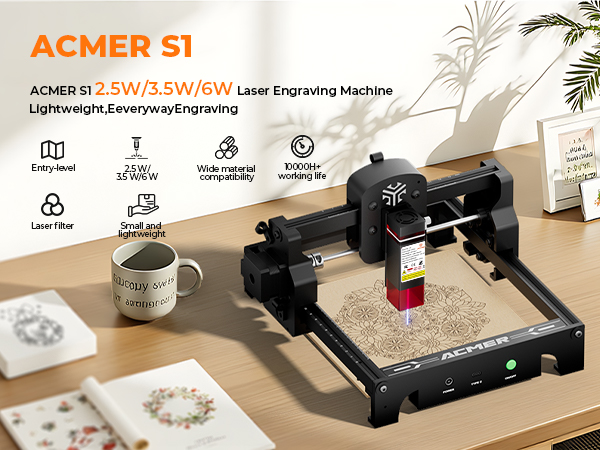 Text reads 'ACMER S1' and '2.5W/3.5W/5W Laser Engraving Machine Lightweight #levergvingyEngraving'. Compact laser engraving machine shown on desk with engraved samples and icon features displayed.