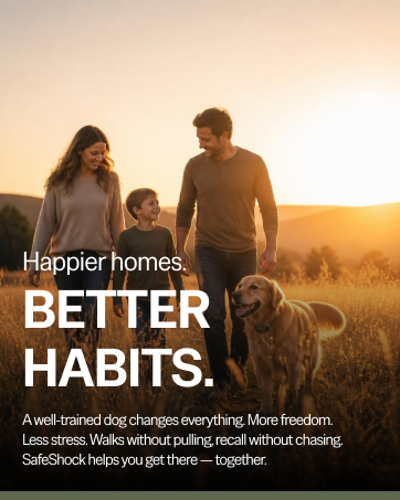 Family walking in golden hour meadow with off-leash golden retriever wearing SafeShock collar