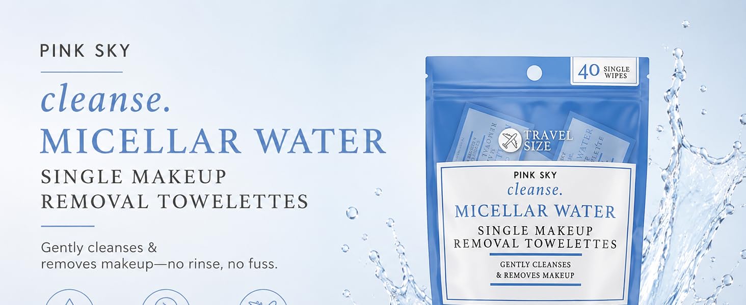 Pink Sky facial wipes gently Pink Sky micellar water makeup remover wipes, individually wrapped