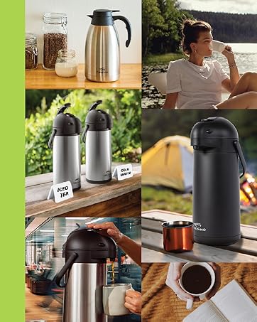 Various Cresimo stainless steel airpots and carafes being used in multiple different settings.