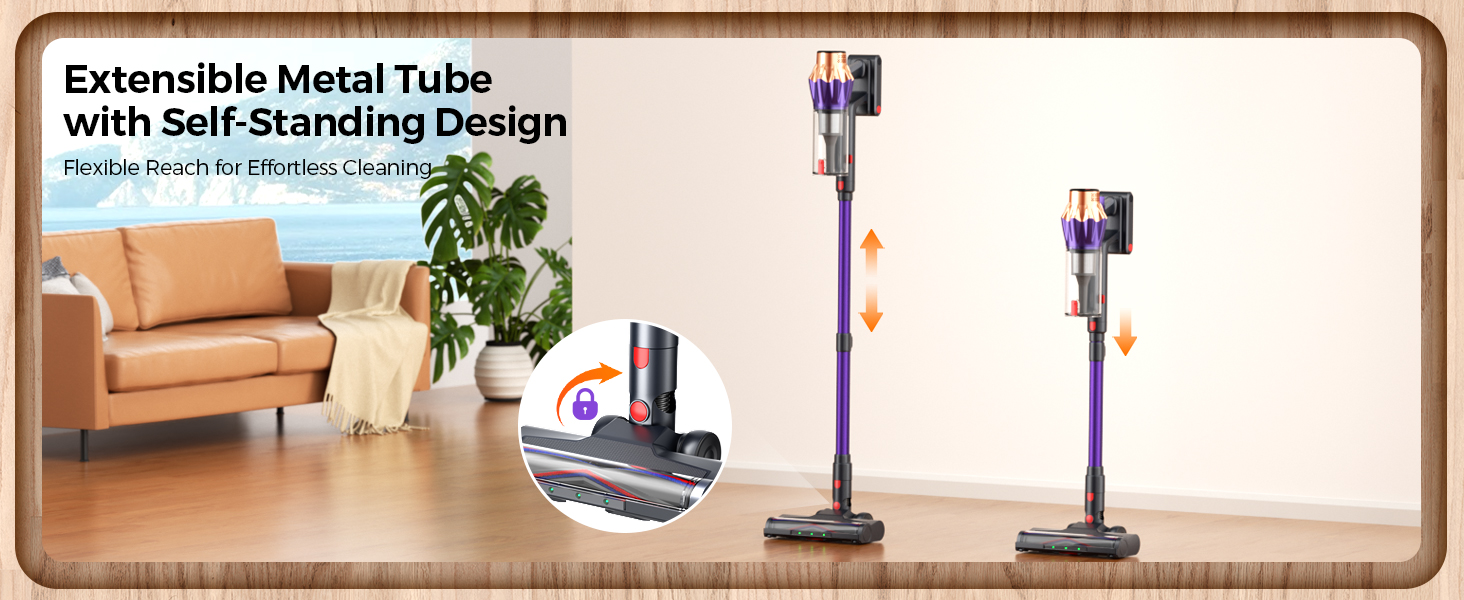 Retractable pipe design adjusts height from 103cm to 125cm for easy storage and cleaning.
