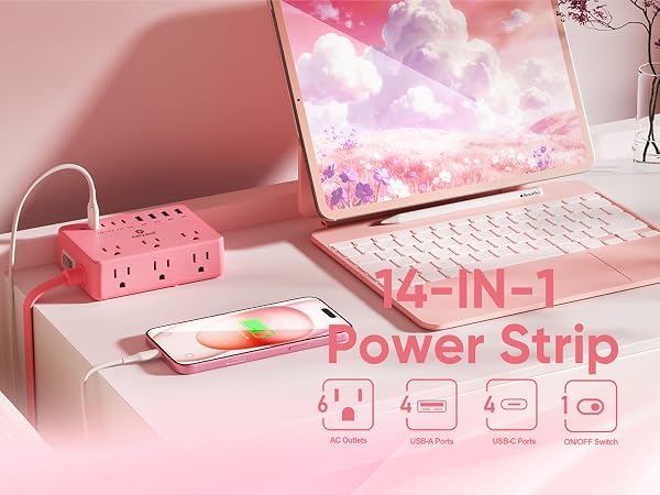 Pink Power Strip Equipped with 6 AC outlets, 4 USB-C ports and 4 USB-A ports.