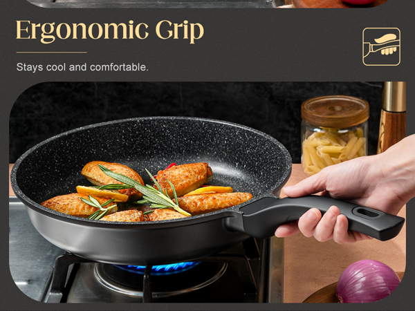 nonstick frying pan with silicone handle, ease of cleaning, works well on all cooktops, durable
