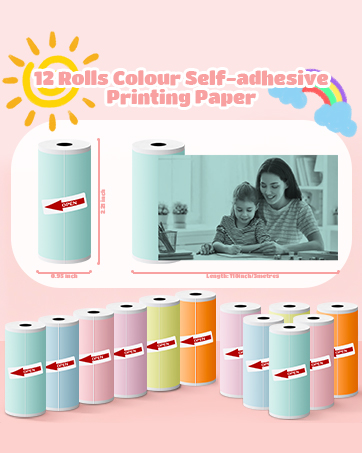 Mini Thermal Printer Sticker Paper, 12 Rolls Colored Thermal Sticker Paper