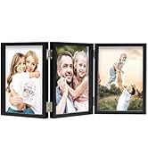 3 Picture Frame 4x6 Black Triple Hinged MDF Wood with Glass Front Three Opening Photo Frame Stand...
