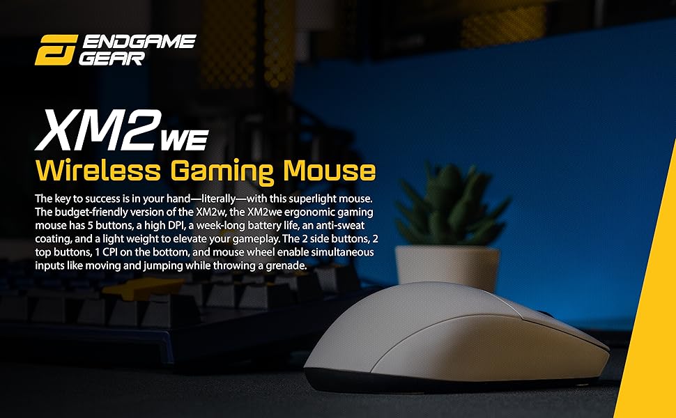 A white XM2we mouse on a desk. Text reads: High DPI, week-long battery, and anti-sweat coating.