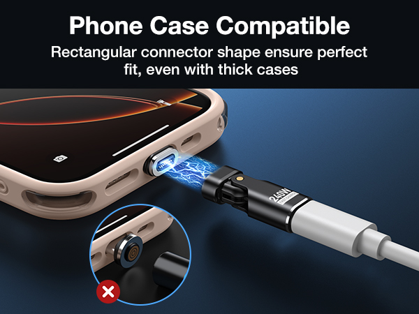 Magnetic charging cable with rectangular connector plugged into smartphone. Close-up shows perfect fit with thick case. Text highlights phone case compatibility and connector shape.