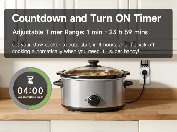 The slow cooker is connected to a timer outlet, and set your slow cooker to auto-start in 4 hours