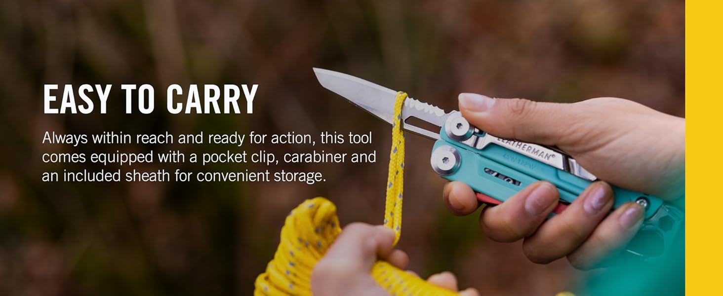 Easy to carry &amp; ready for action, this tool comes equipped with a pocket clip, carabiner &amp; a sheath.