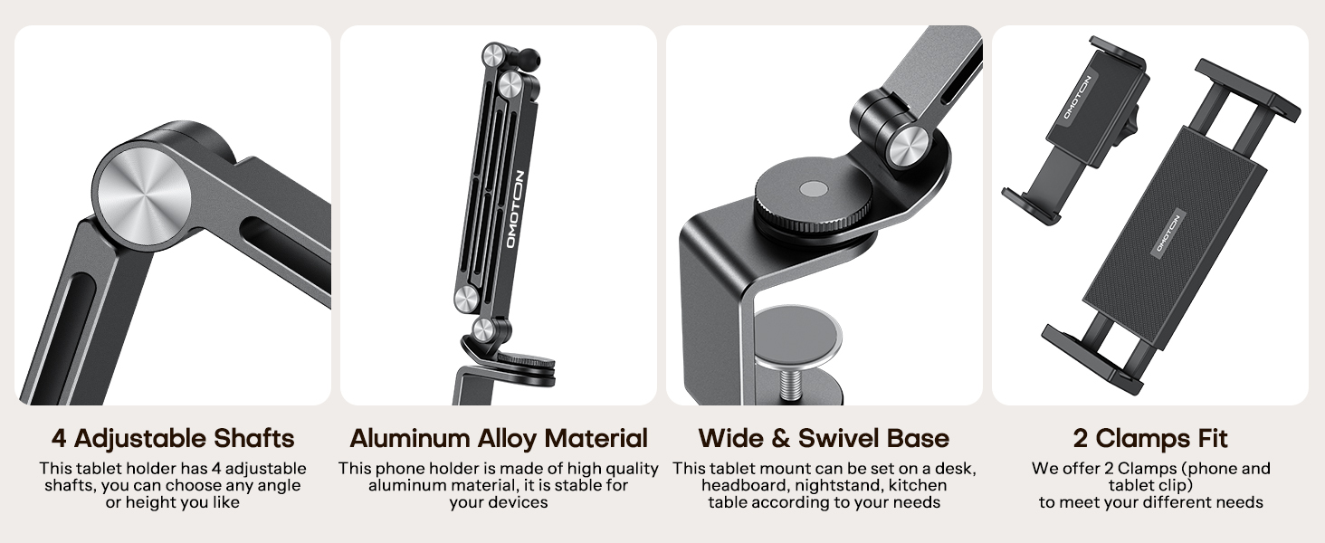 Text reads: '4 Adjustable Shafts', 'Aluminum Alloy Material', 'Wide & Swivel Base', '2 Clamps Fit'. Detailed product specifications with accompanying illustrations of tablet holder components.