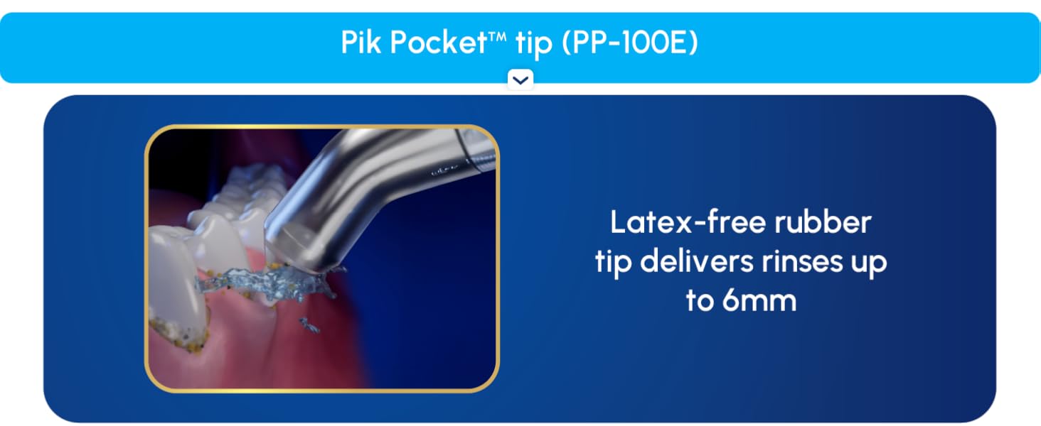Image of pik pocket flosser tip with text reading latex free rubber tip.