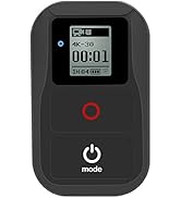 Black action camera remote control with LCD screen displaying 4K-30 recording mode, 00:01 timer, and battery indicator. Features red circular button and mode button.